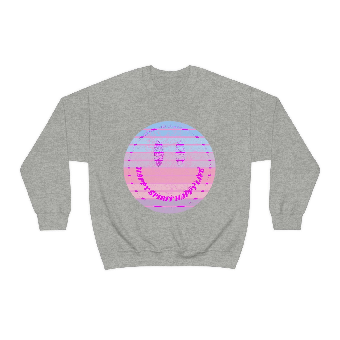 Happy Spirit Happy Life Sweatshirt, VSCO Girl Crewneck, Oversized Retro Font Graphic Tumblr, Front Print Smile Face Trendy Cover Up
