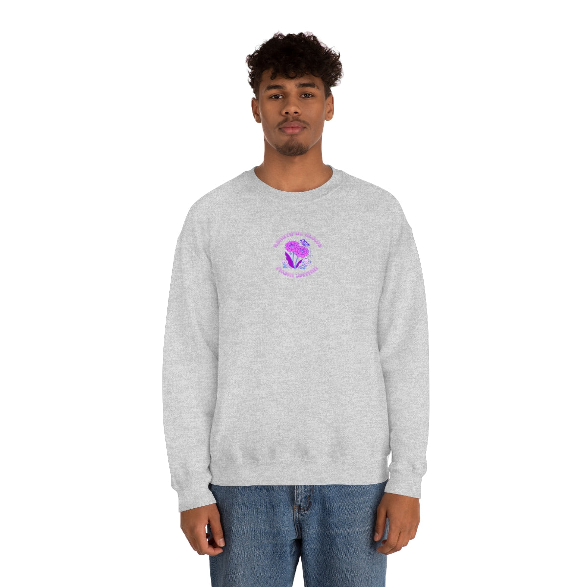 Beautiful Glows from Within Purple Flower Sweatshirt, Oversized Crewneck, Front Back Print Trendy Sweatshirt, Beach Cover Up, Lake Cover Up