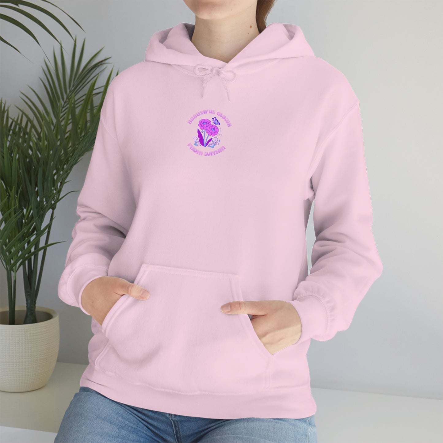 Beautiful Glows from Within Purple Flower Hoodie, Aesthetic Oversized Hoodie, Front Back Print Trendy Sweatshirt, Beach Lake Cover Up