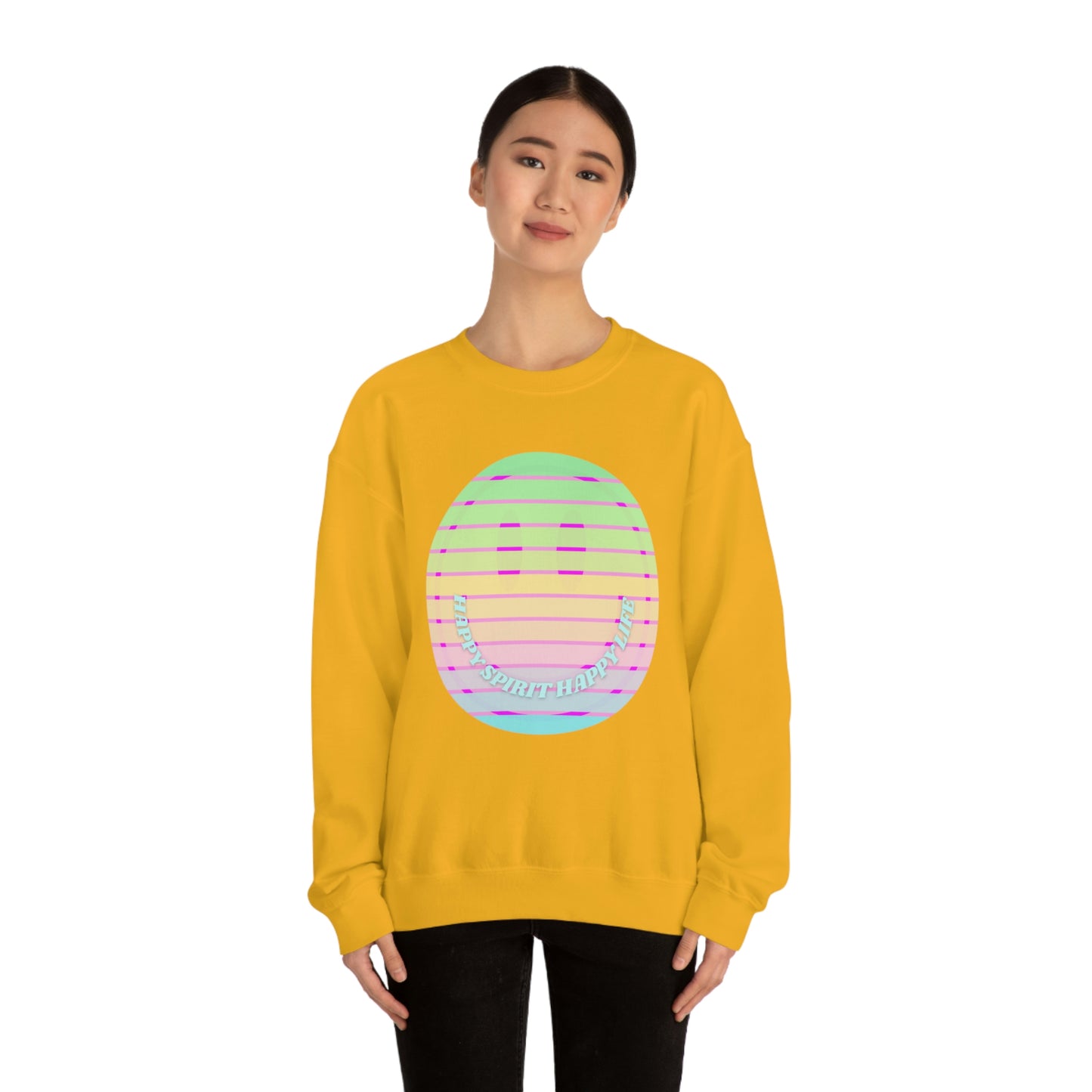 Happy Spirit Happy Life Sweatshirt, VSCO Girl Crewneck, Oversized Retro Font Graphic Tumblr, Front Print Smile Face Trendy Cover Up