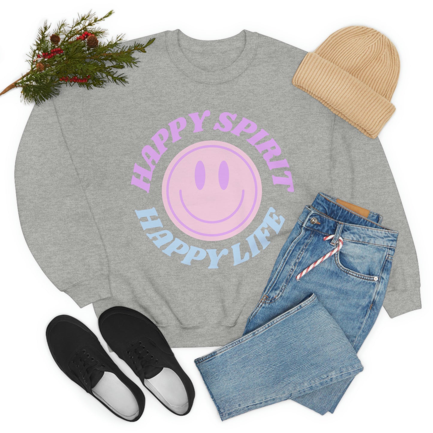Happy Spirit Happy Life Sweatshirt, VSCO Girl Crewneck, Oversized Retro Font Graphic Tumblr, Front Print Smile Face Trendy Cover Up