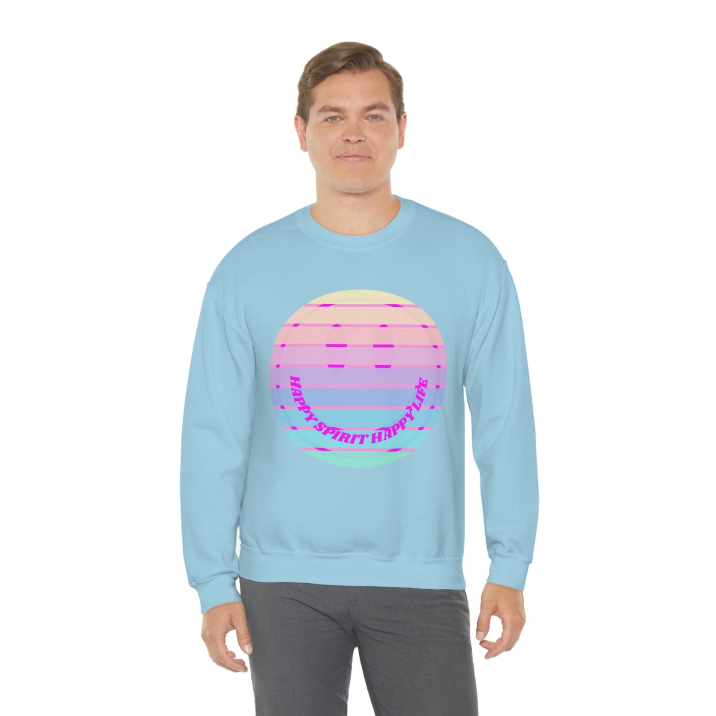Happy Spirit Happy Life Sweatshirt, VSCO Girl Crewneck, Oversized Retro Font Graphic Tumblr, Front Print Smile Face Trendy Cover Up