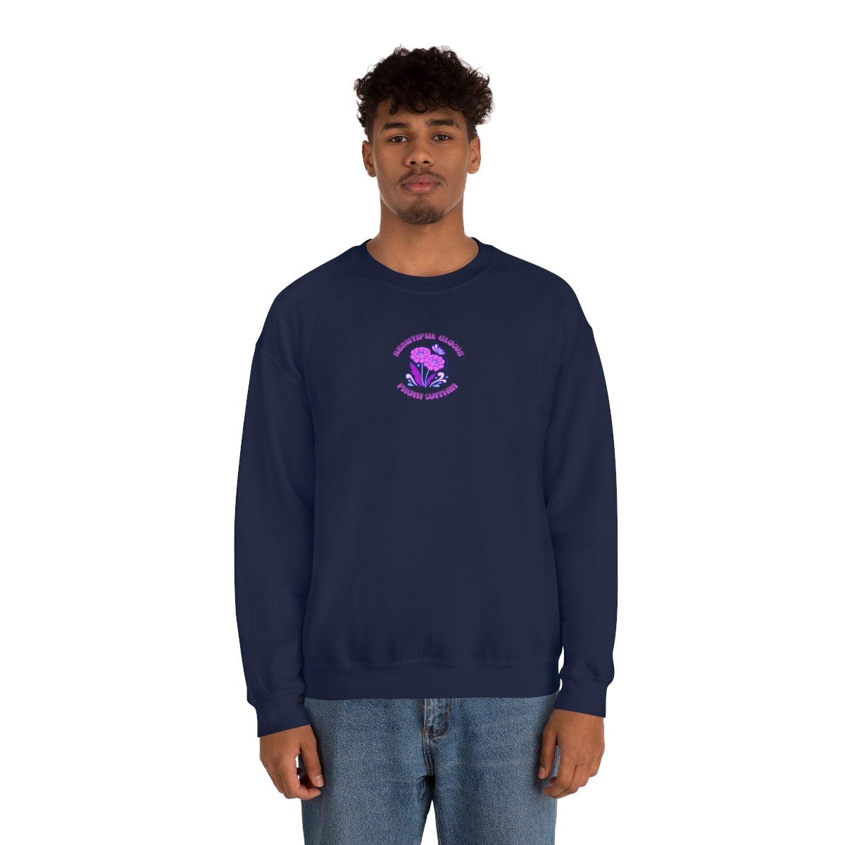 Beautiful Glows from Within Purple Flower Sweatshirt, Oversized Crewneck, Front Back Print Trendy Sweatshirt, Beach Cover Up, Lake Cover Up
