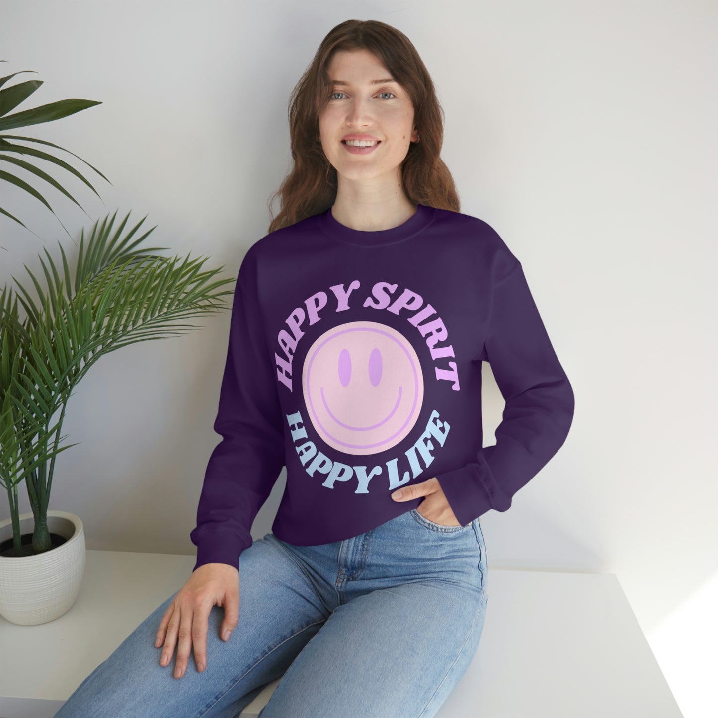 Happy Spirit Happy Life Sweatshirt, VSCO Girl Crewneck, Oversized Retro Font Graphic Tumblr, Front Print Smile Face Trendy Cover Up