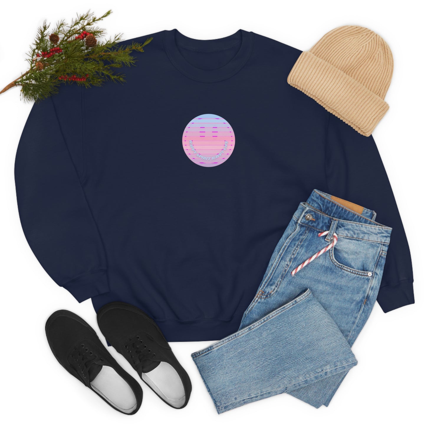 Happy Spirit Happy Life Sweatshirt, VSCO Girl Crewneck, Oversized Retro Font Graphic Tumblr, Front Print Smile Face Trendy Cover Up