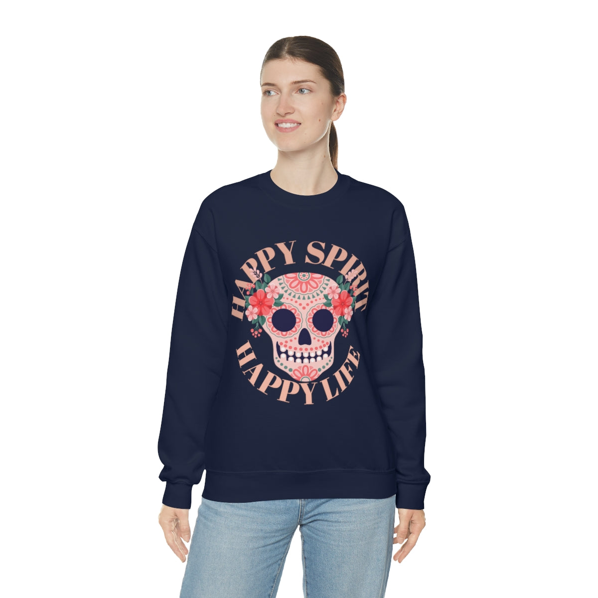 Dia De Los Muertos Crewneck Sweatshirt, Day of the Dead Gift, Happy Spirit Happy Life, Honoring the Dead Aesthetic Candy Skull, Sugar Skull