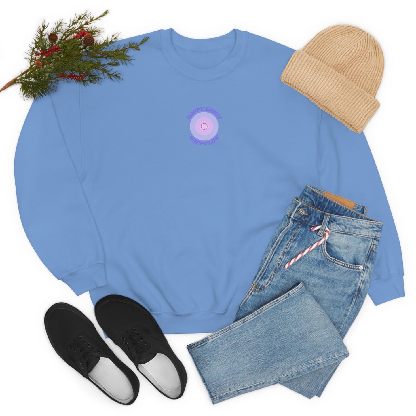 Retro Happy Spirit Happy Life Lavender Lilac Pink Smile Graphic Crewneck, VSCO Girl Sweatshirt, Tumblr Oversized Trendy Back Print Pullover
