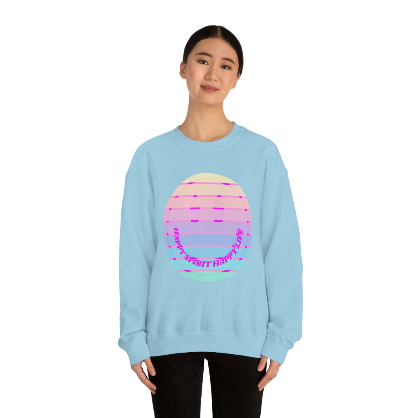 Happy Spirit Happy Life Sweatshirt, VSCO Girl Crewneck, Oversized Retro Font Graphic Tumblr, Front Print Smile Face Trendy Cover Up