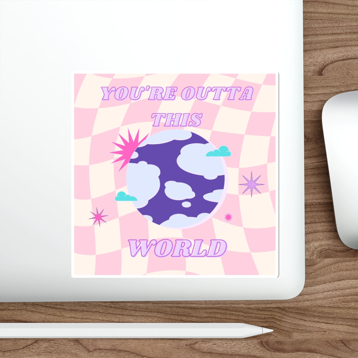 Retro Aesthetic Sticker You're Outta This World, Happy Mind Positivity Die-Cut Sticker, Pink Purple Galaxy Earth Smile Y2K Graphic