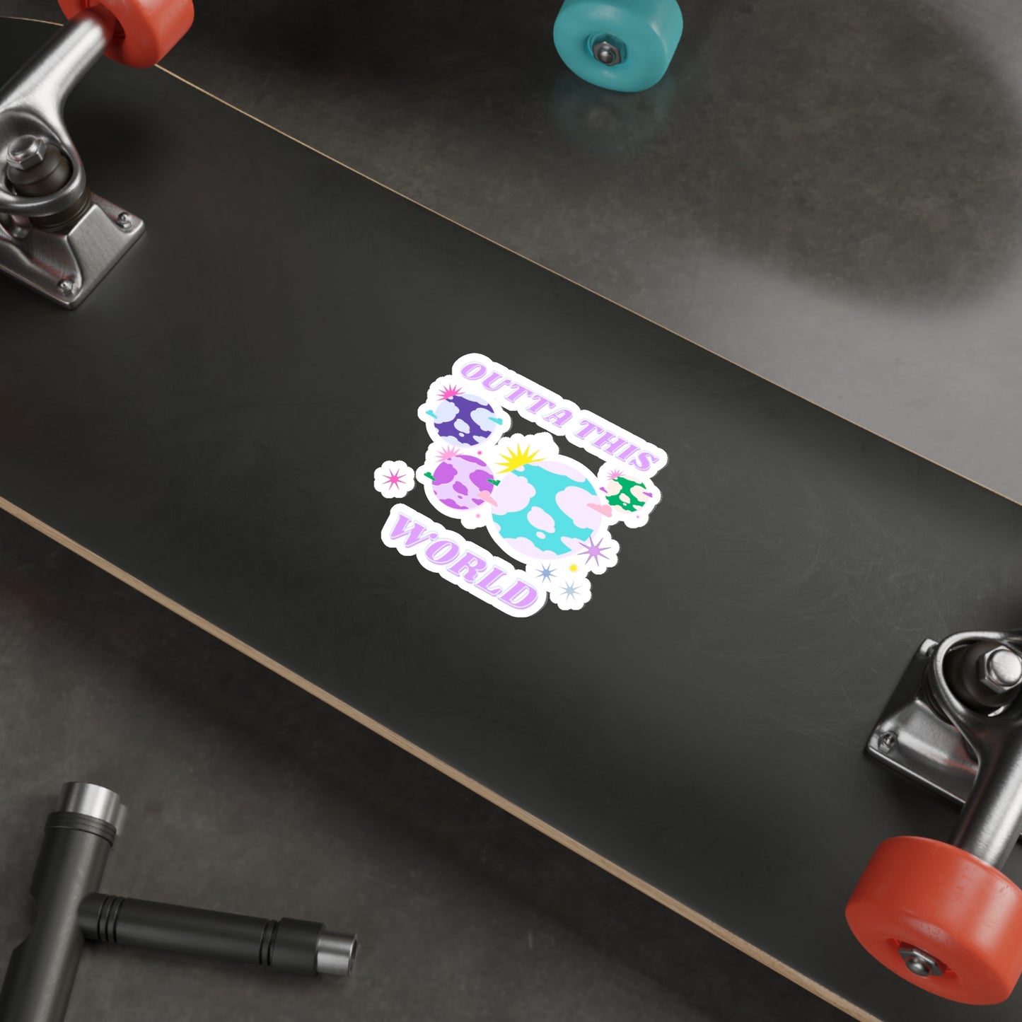Retro Aesthetic Sticker Outta This World, Happy Mind Positivity Die-Cut Sticker, Pink Purple Galaxy Earth Smile Y2K Graphic