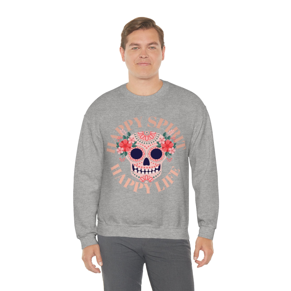 Dia De Los Muertos Crewneck Sweatshirt, Day of the Dead Gift, Happy Spirit Happy Life, Honoring the Dead Aesthetic Candy Skull, Sugar Skull