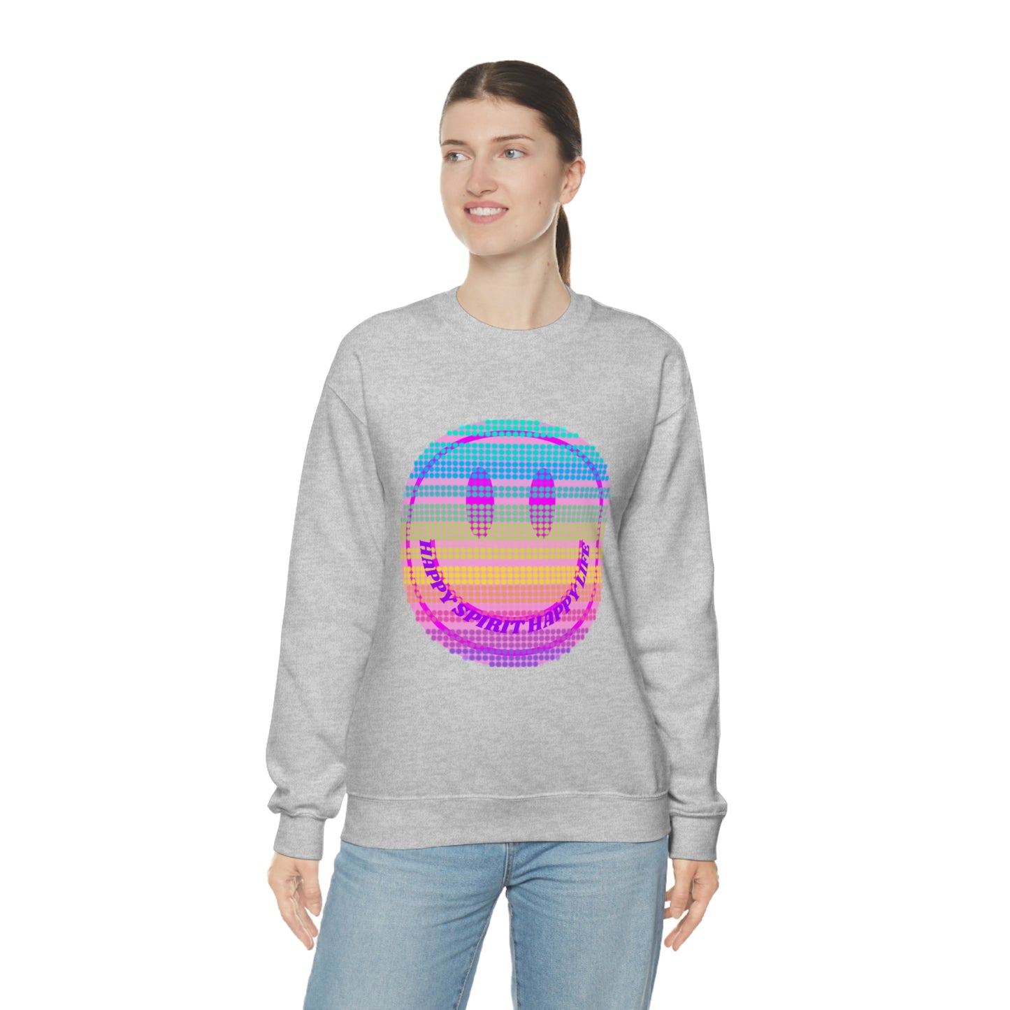 Happy Spirit Happy Life Sweatshirt, VSCO Girl Crewneck, Oversized Retro Font Graphic Tumblr, Front Print Smile Face Trendy Cover Up
