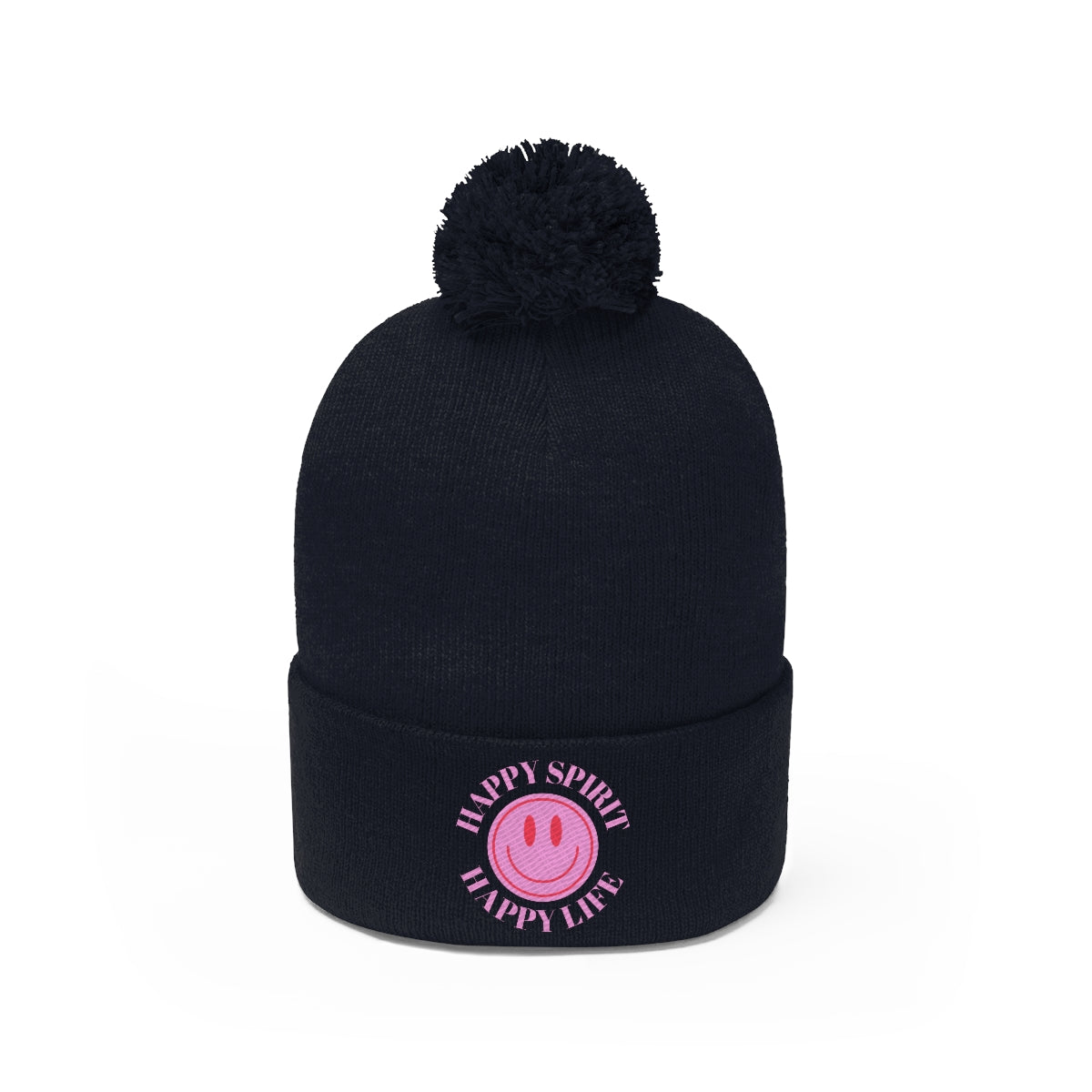 Happy Spirit Happy Life Pom Pom Beanie, Pink Smile Face Skull Cap, Aesthetic Pink Smile Winter Wool Hat