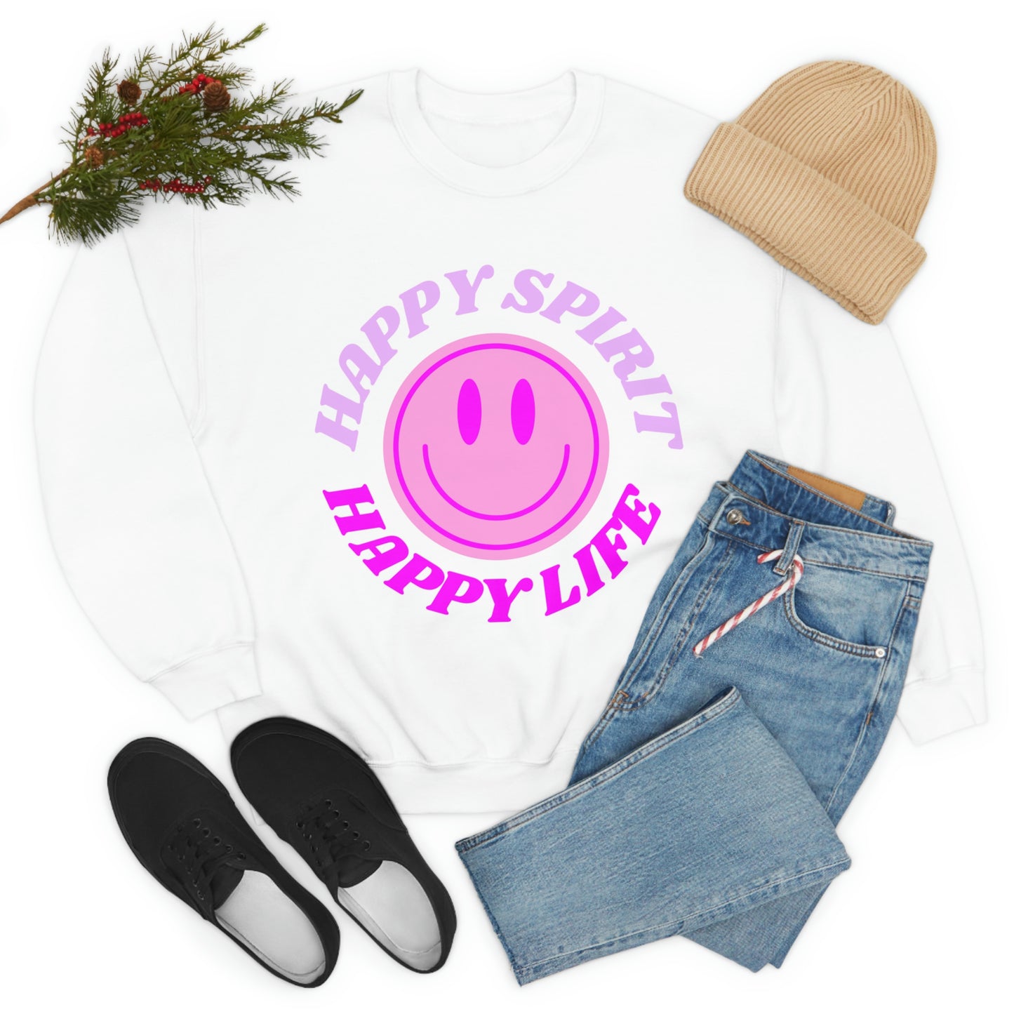 Happy Spirit Happy Life Sweatshirt, VSCO Girl Crewneck, Oversized Retro Font Graphic Tumblr, Front Print Smile Face Trendy Cover Up