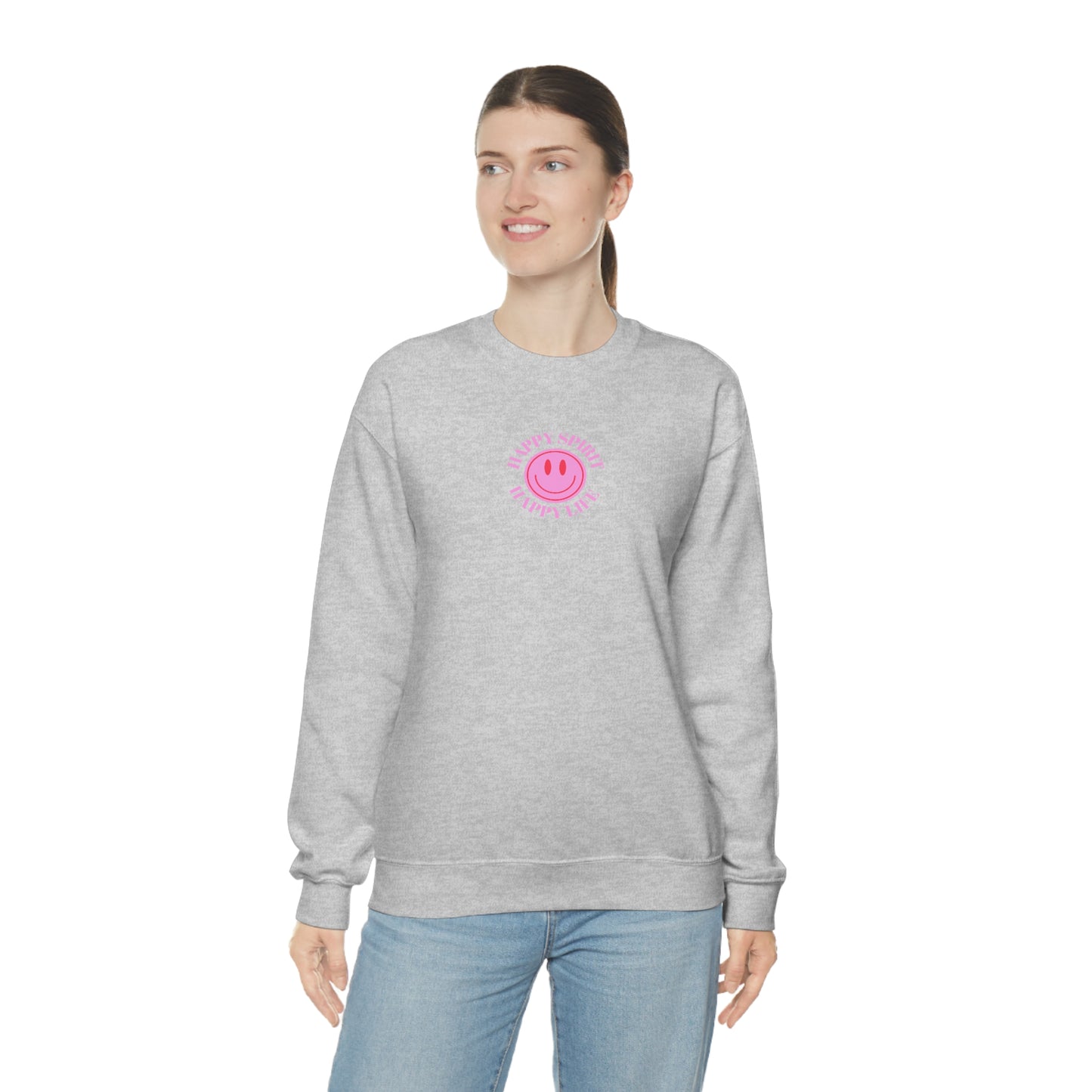 Copy of Happy Spirit Happy Life Sweatshirt, Gildan VSCO Girl Crewneck, Oversized Tumblr Front Back Print Smile Happy Mind Trendy Loungewear