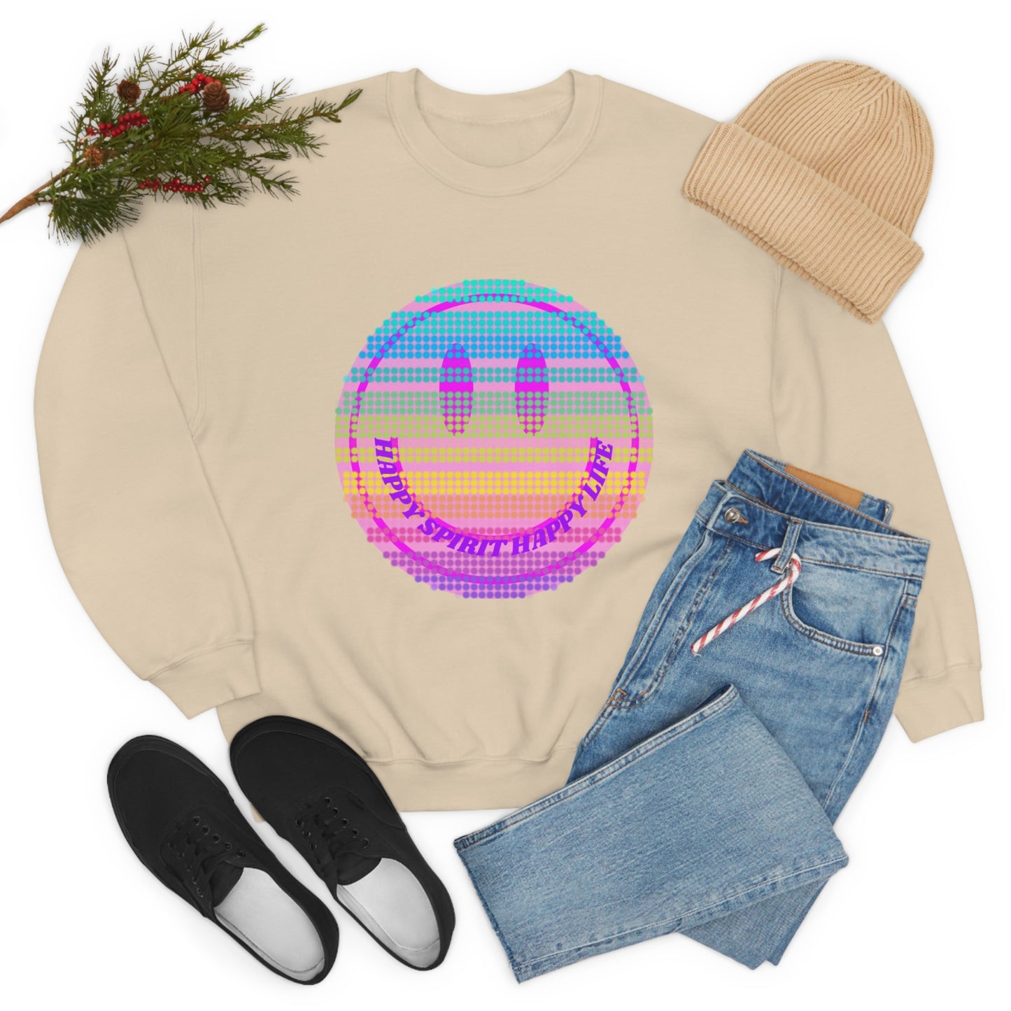 Happy Spirit Happy Life Sweatshirt, VSCO Girl Crewneck, Oversized Retro Font Graphic Tumblr, Front Print Smile Face Trendy Cover Up