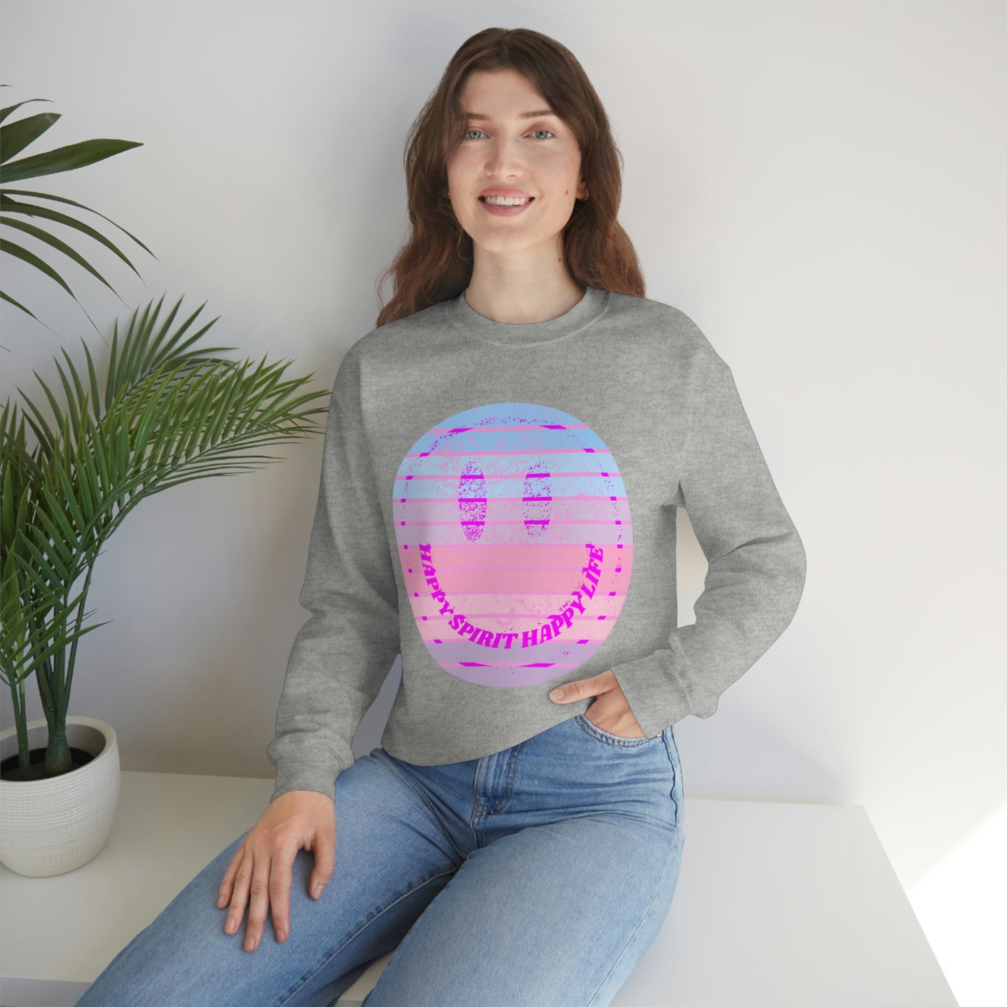 Happy Spirit Happy Life Sweatshirt, VSCO Girl Crewneck, Oversized Retro Font Graphic Tumblr, Front Print Smile Face Trendy Cover Up