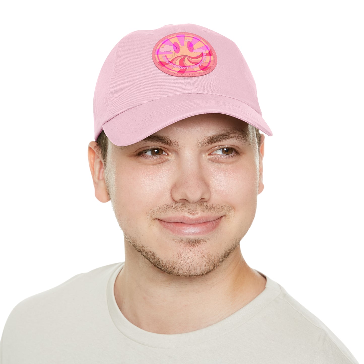 Aesthetic Pink Smile Hat, Pink Twill Dad Hat with Leather Patch (Round), Pink Golf Hat, Pink Twill Cap, Pink Cotton Hat, Pink Baseball Hat