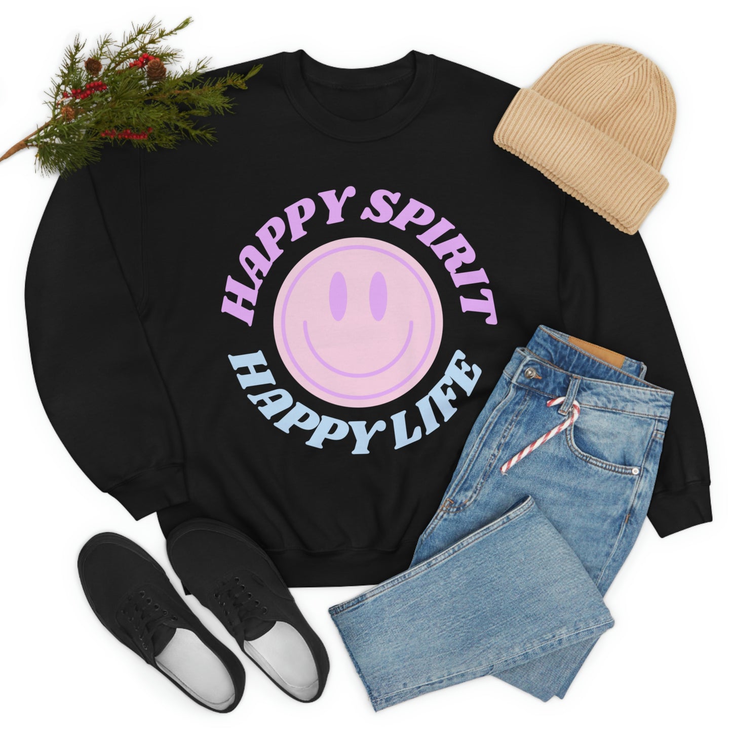 Happy Spirit Happy Life Sweatshirt, VSCO Girl Crewneck, Oversized Retro Font Graphic Tumblr, Front Print Smile Face Trendy Cover Up