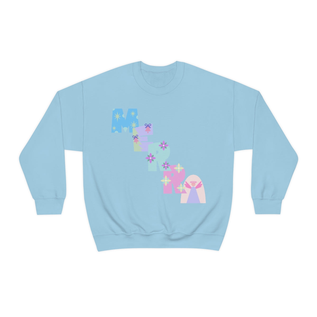 Pastel Christmas Sweatshirt, Holiday VSCO Girl Crewneck, Oversized Xmas Tumblr Sweater, Pastel Playful Letter Print Merry Trendy Sweatshirt