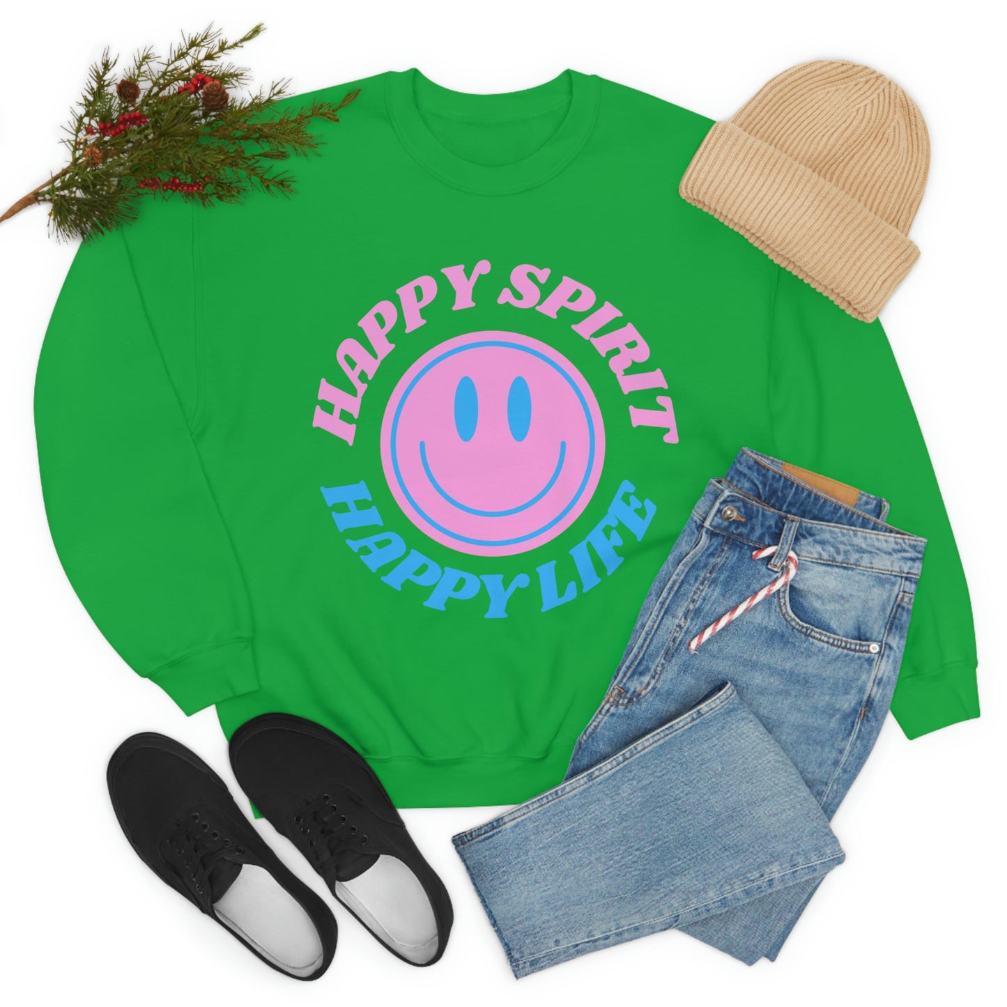 Happy Spirit Happy Life Sweatshirt, VSCO Girl Crewneck, Oversized Retro Font Graphic Tumblr, Front Print Smile Face Trendy Cover Up
