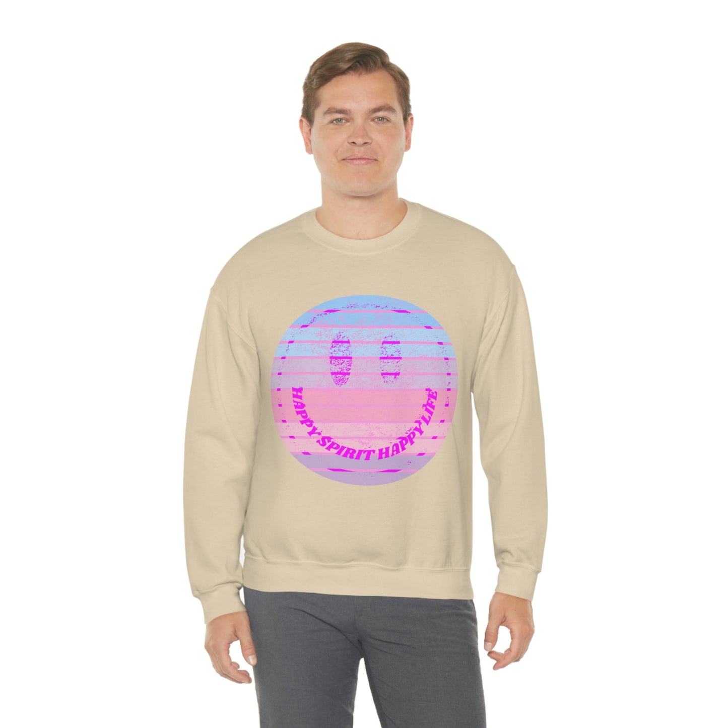 Happy Spirit Happy Life Sweatshirt, VSCO Girl Crewneck, Oversized Retro Font Graphic Tumblr, Front Print Smile Face Trendy Cover Up