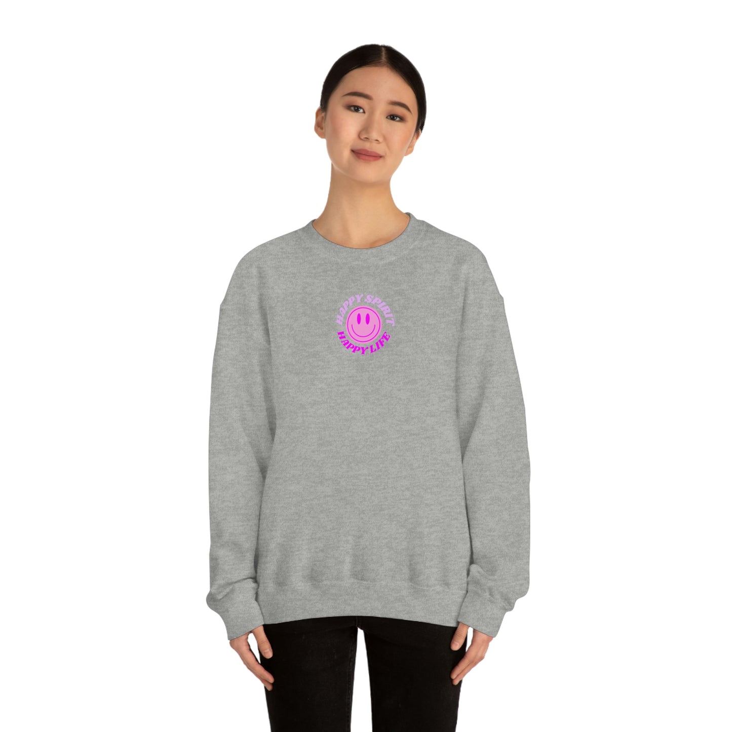 Happy Spirit Happy Life Sweatshirt, Gildan VSCO Girl Crewneck, Oversized Tumblr Front Back Print Smile Happy Mind Trendy Retro Surf Font
