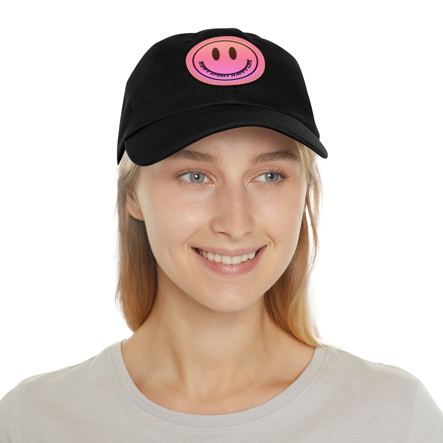 Aesthetic Pink Smile Hat, Pink Twill Dad Hat with Leather Patch (Round), Pink Golf Hat, Pink Twill Cap, Pink Cotton Hat, Pink Baseball Hat