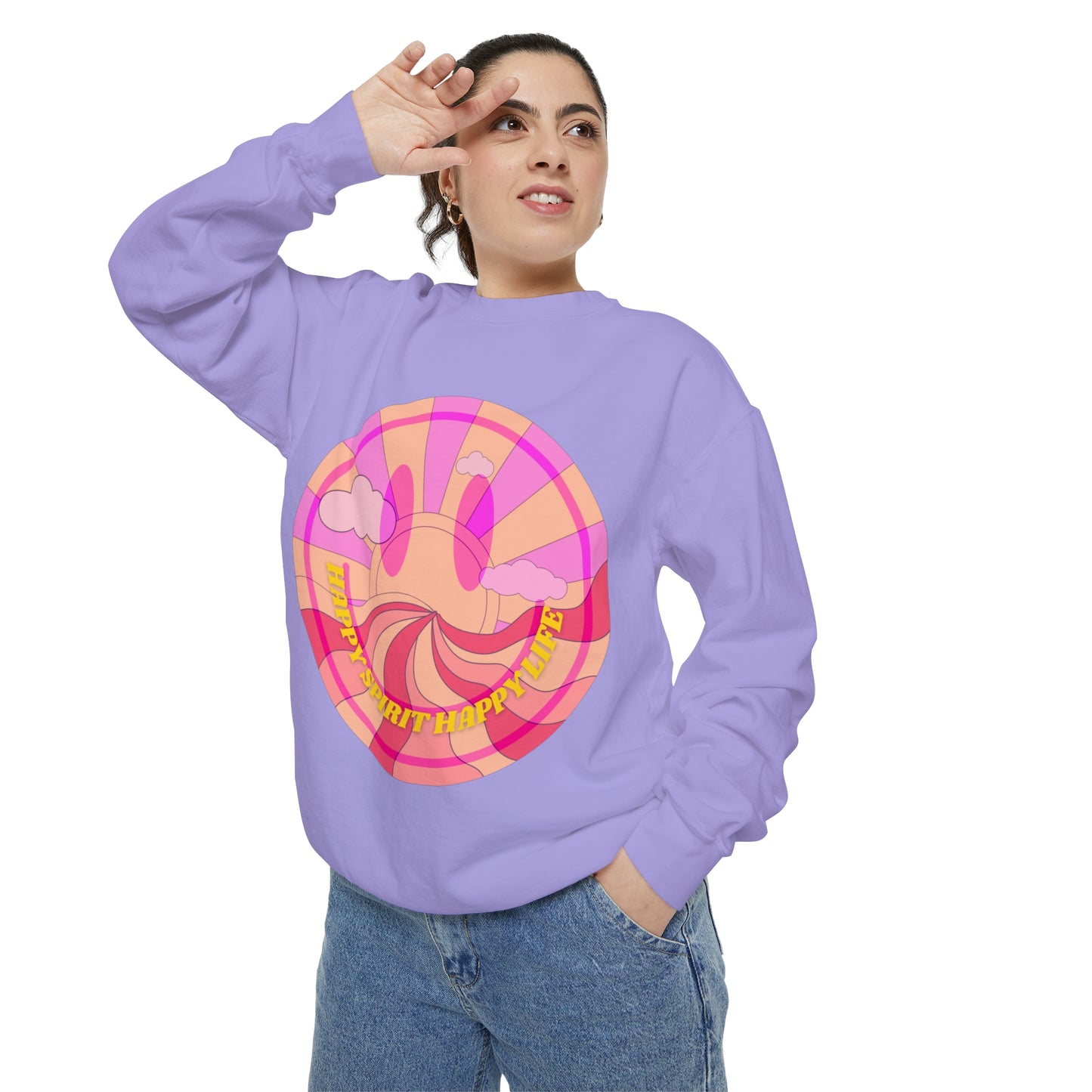 Aesthetic Smile Hoodie, Smile Face Comfort Colors Crewneck, Happy Spirit Happy Life Sunset Smile Sweatshirt, Unisex Garment-Dyed Sweatshirt