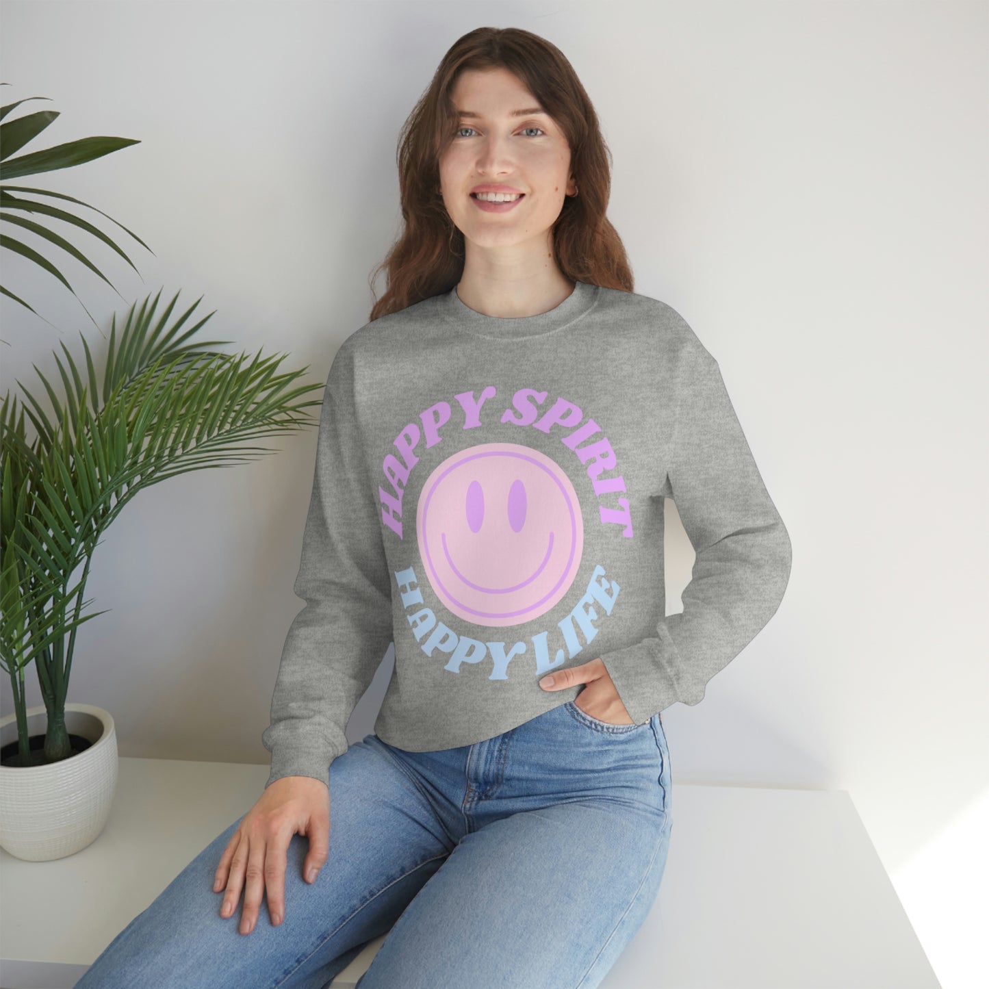 Happy Spirit Happy Life Sweatshirt, VSCO Girl Crewneck, Oversized Retro Font Graphic Tumblr, Front Print Smile Face Trendy Cover Up