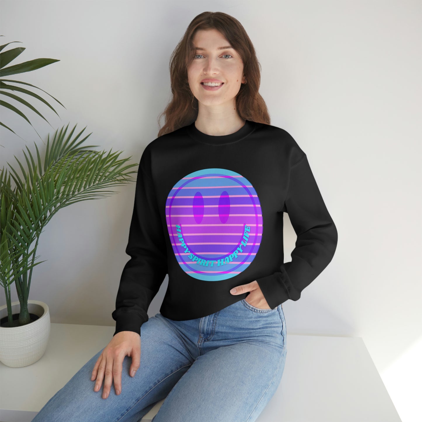 Happy Spirit Happy Life Sweatshirt, VSCO Girl Crewneck, Oversized Retro Font Graphic Tumblr, Front Print Smile Face Trendy Cover Up