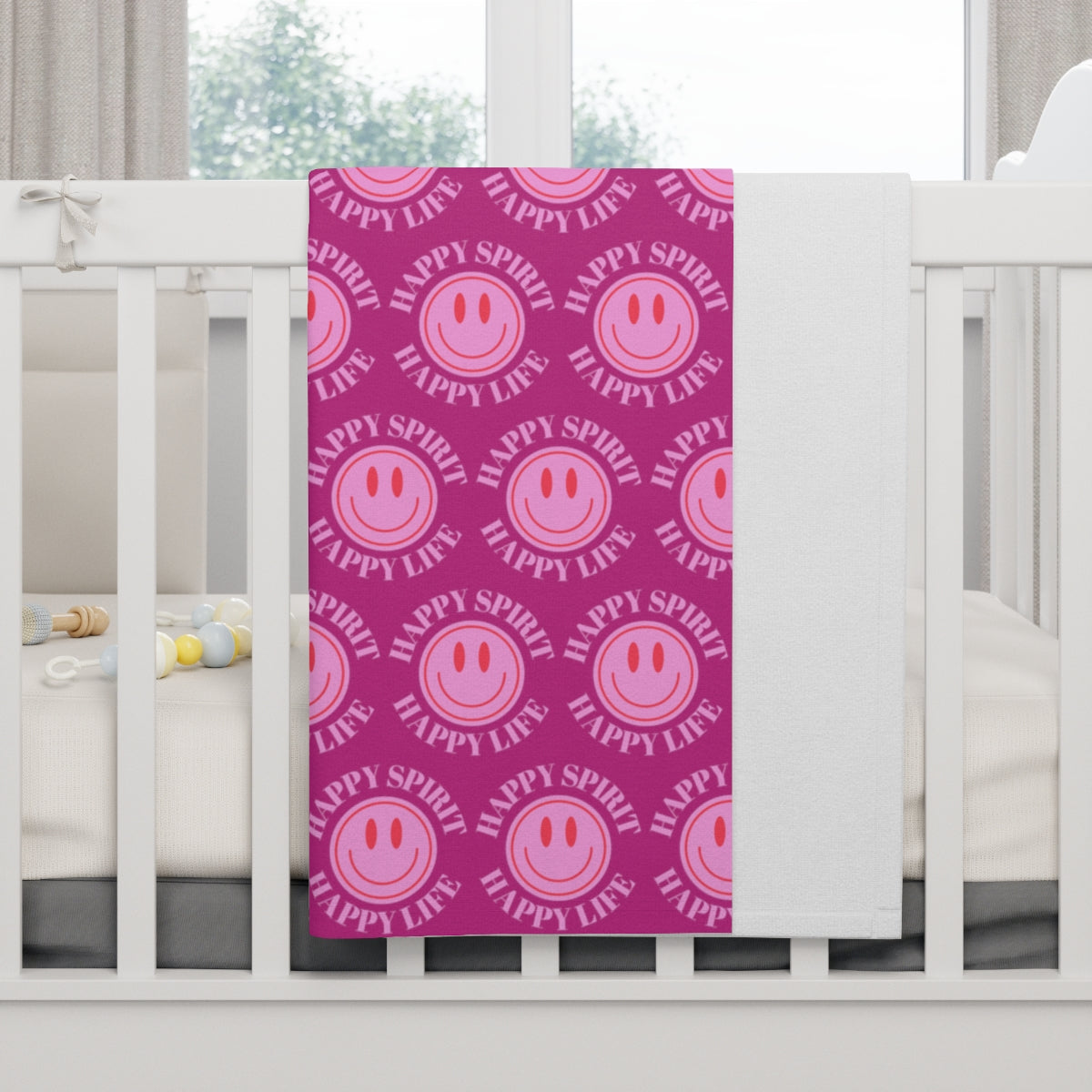 Happy Spirit Happy Life Pink Smile Aesthetic Baby Blanket, Pink Smile Blanket, Pink and Red Baby Positivity Binkie