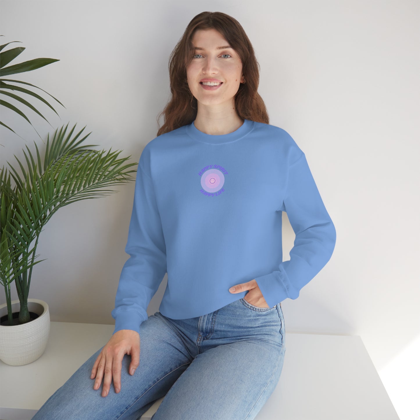 Retro Happy Spirit Happy Life Lavender Lilac Pink Smile Graphic Crewneck, VSCO Girl Sweatshirt, Tumblr Oversized Trendy Back Print Pullover