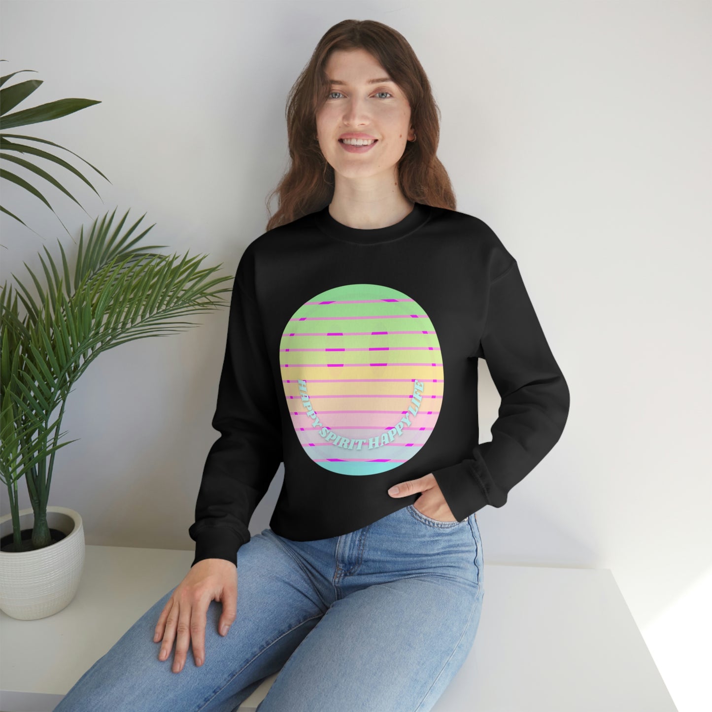 Happy Spirit Happy Life Sweatshirt, VSCO Girl Crewneck, Oversized Retro Font Graphic Tumblr, Front Print Smile Face Trendy Cover Up