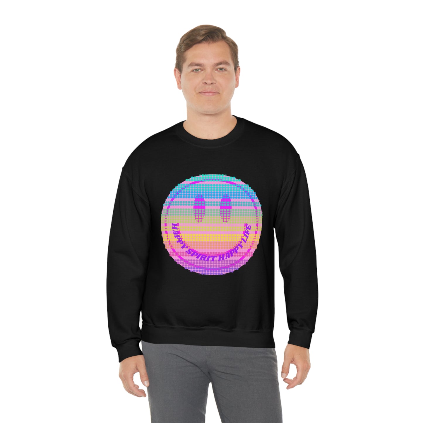 Happy Spirit Happy Life Sweatshirt, VSCO Girl Crewneck, Oversized Retro Font Graphic Tumblr, Front Print Smile Face Trendy Cover Up