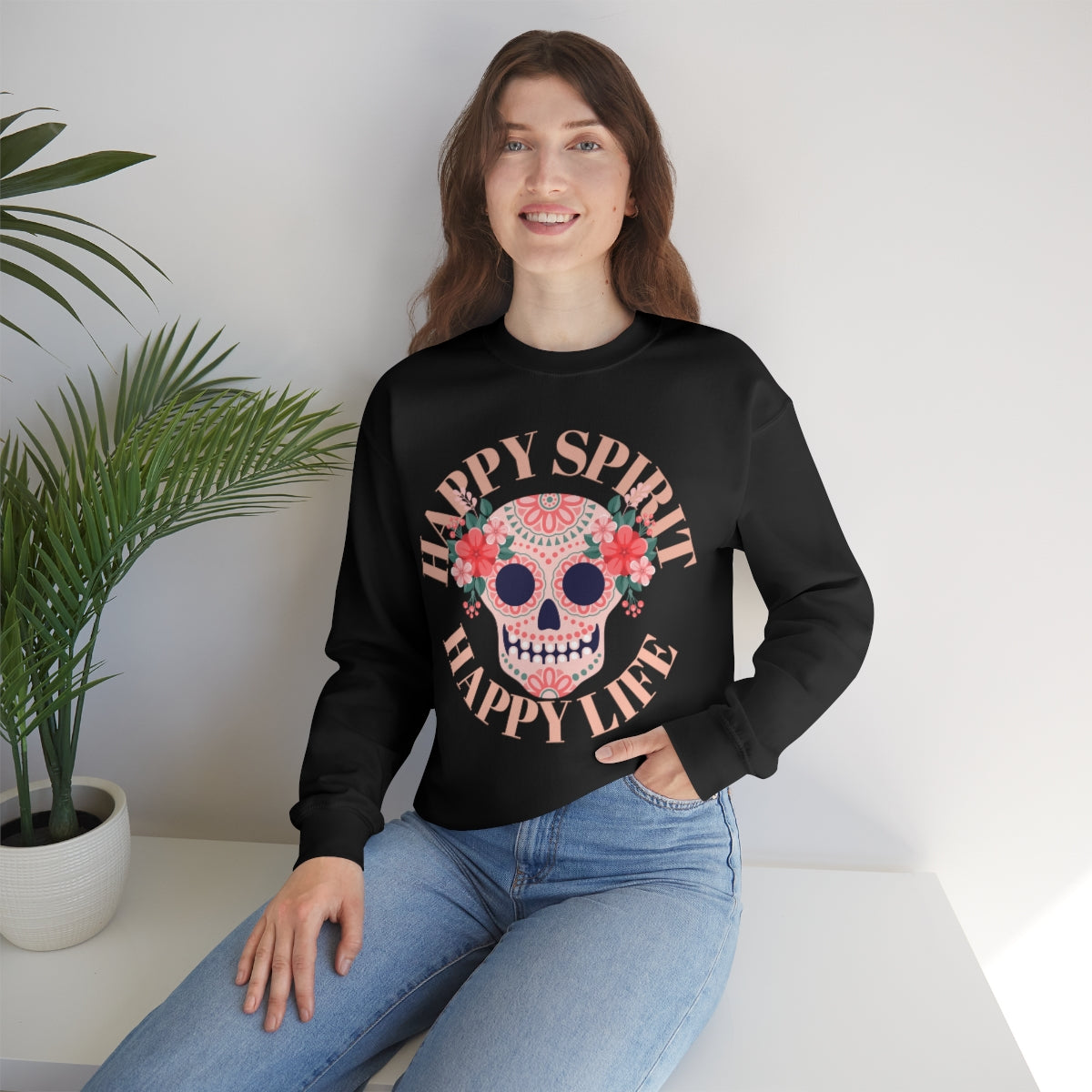 Dia De Los Muertos Crewneck Sweatshirt, Day of the Dead Gift, Happy Spirit Happy Life, Honoring the Dead Aesthetic Candy Skull, Sugar Skull