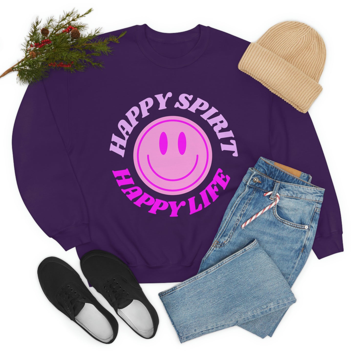 Happy Spirit Happy Life Sweatshirt, VSCO Girl Crewneck, Oversized Retro Font Graphic Tumblr, Front Print Smile Face Trendy Cover Up
