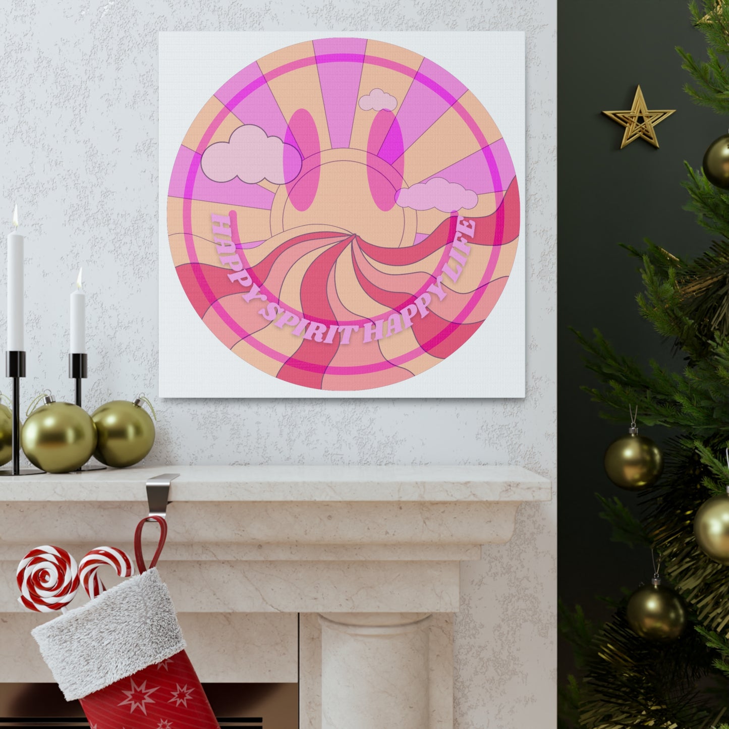 Smile Face Wall Art, Aesthetic Smile Face Gallery Canvas Wrap, Sunset Wall Art, Bedroom Wall Art, Pink Smile Decoration, Home Decoration
