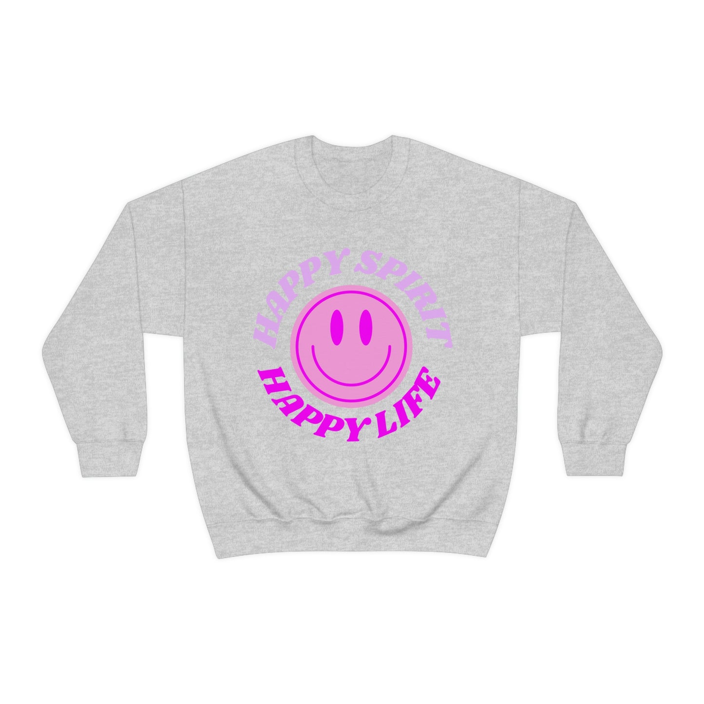 Happy Spirit Happy Life Sweatshirt, VSCO Girl Crewneck, Oversized Retro Font Graphic Tumblr, Front Print Smile Face Trendy Cover Up