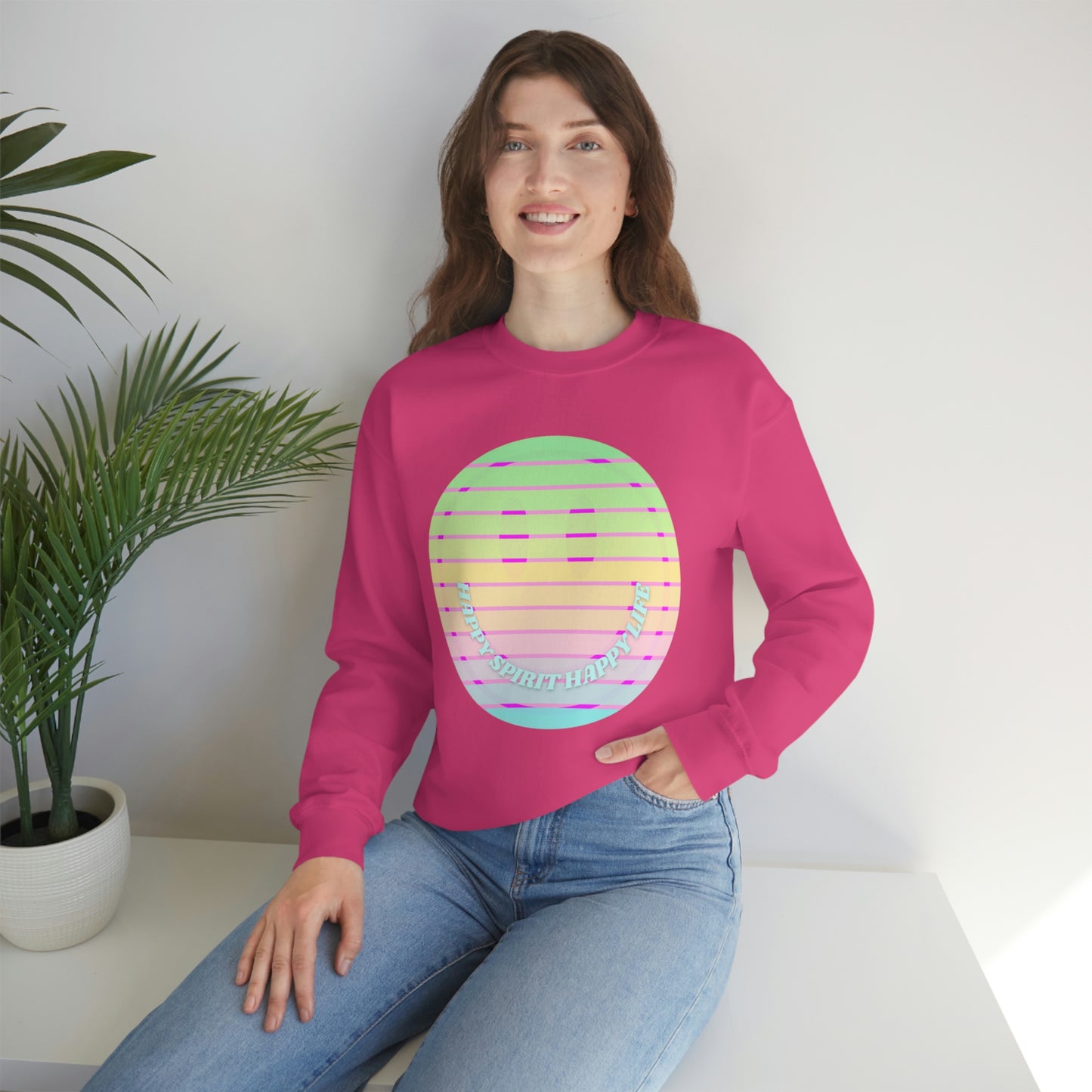 Happy Spirit Happy Life Sweatshirt, VSCO Girl Crewneck, Oversized Retro Font Graphic Tumblr, Front Print Smile Face Trendy Cover Up