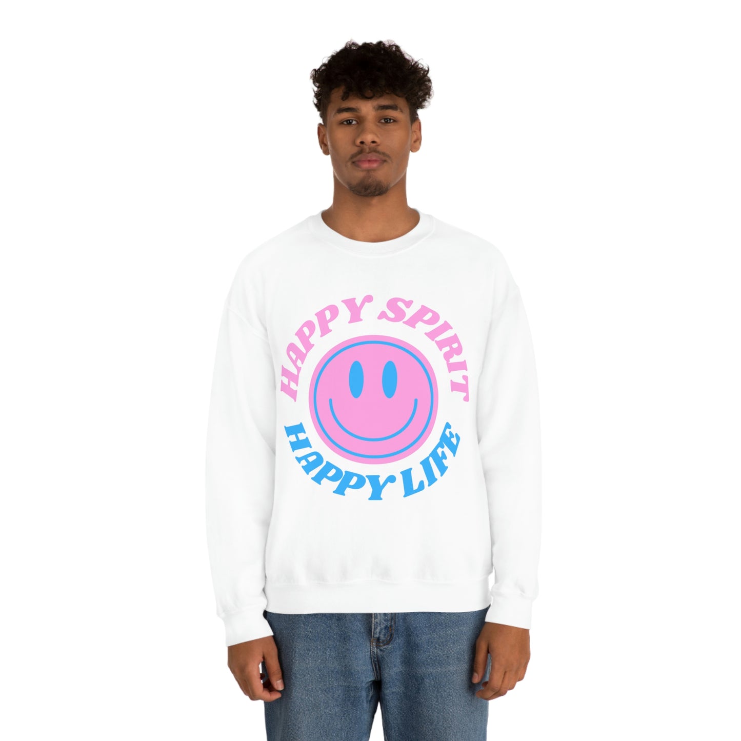 Happy Spirit Happy Life Sweatshirt, VSCO Girl Crewneck, Oversized Retro Font Graphic Tumblr, Front Print Smile Face Trendy Cover Up