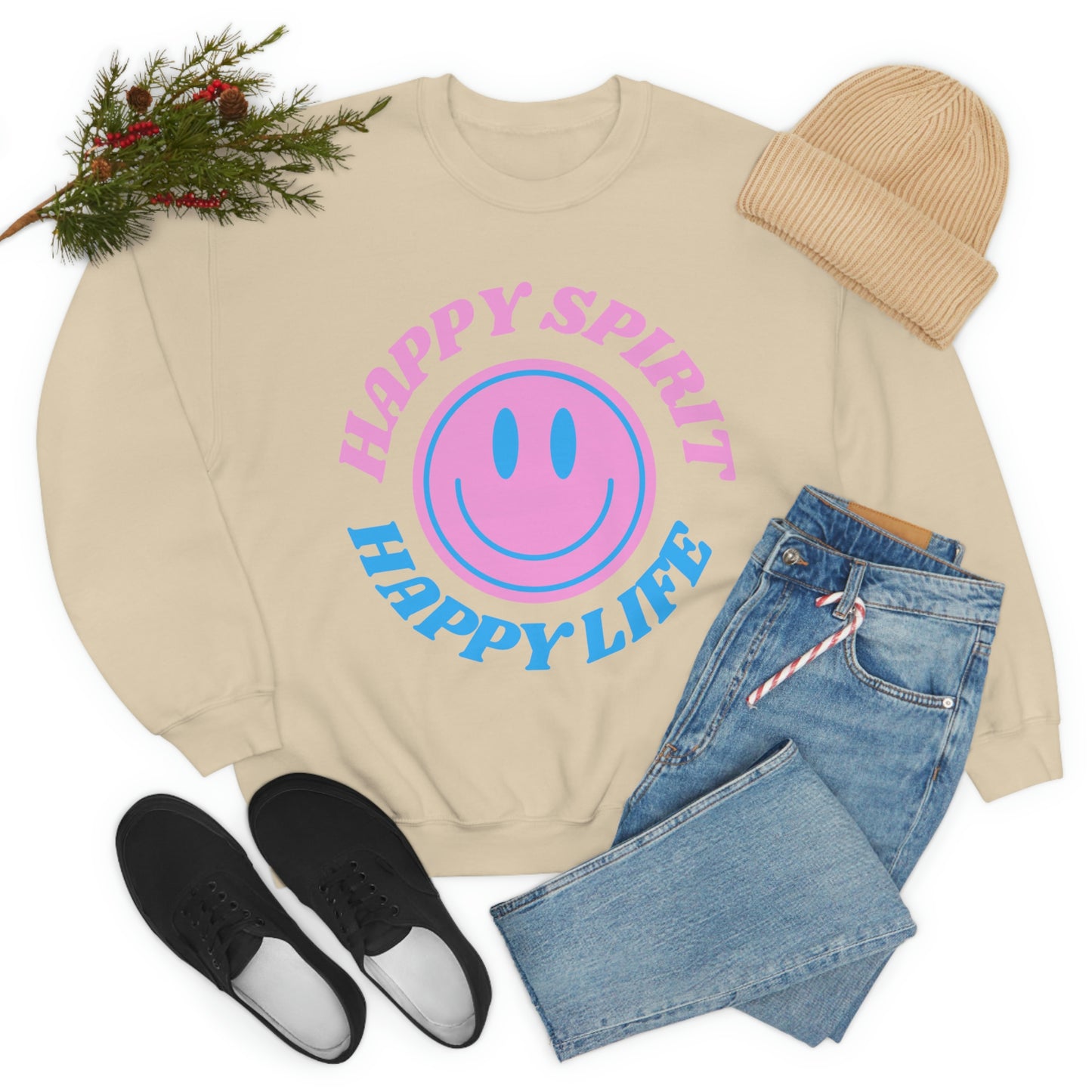 Happy Spirit Happy Life Sweatshirt, VSCO Girl Crewneck, Oversized Retro Font Graphic Tumblr, Front Print Smile Face Trendy Cover Up