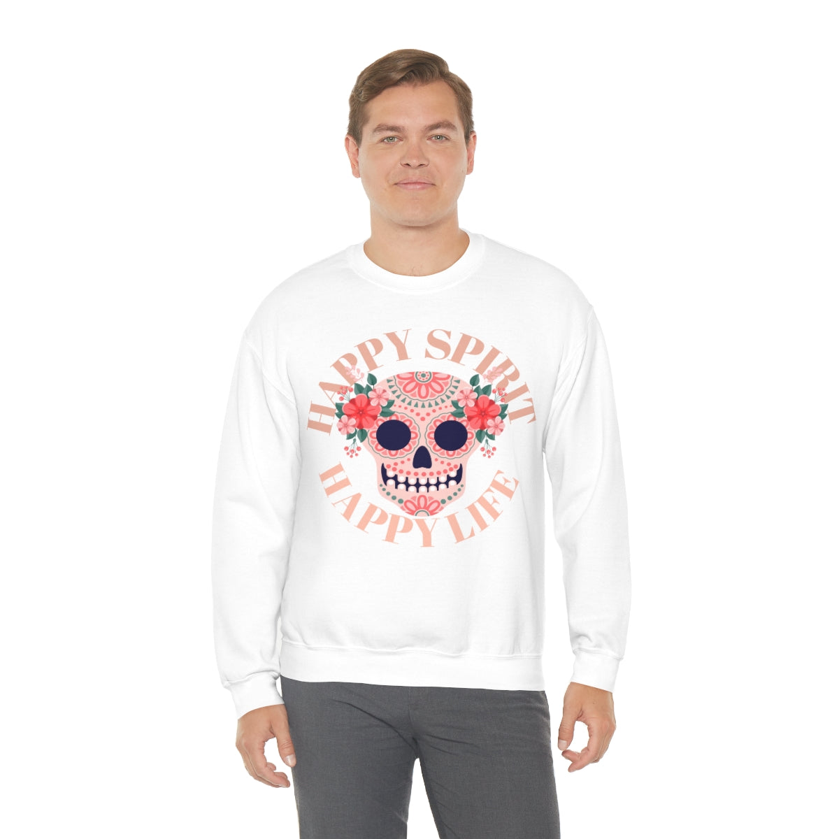 Dia De Los Muertos Crewneck Sweatshirt, Day of the Dead Gift, Happy Spirit Happy Life, Honoring the Dead Aesthetic Candy Skull, Sugar Skull