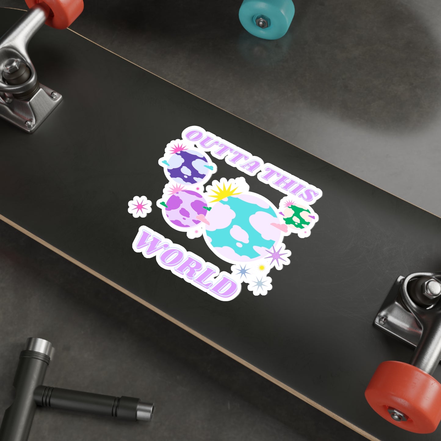 Retro Aesthetic Sticker Outta This World, Happy Mind Positivity Die-Cut Sticker, Pink Purple Galaxy Earth Smile Y2K Graphic