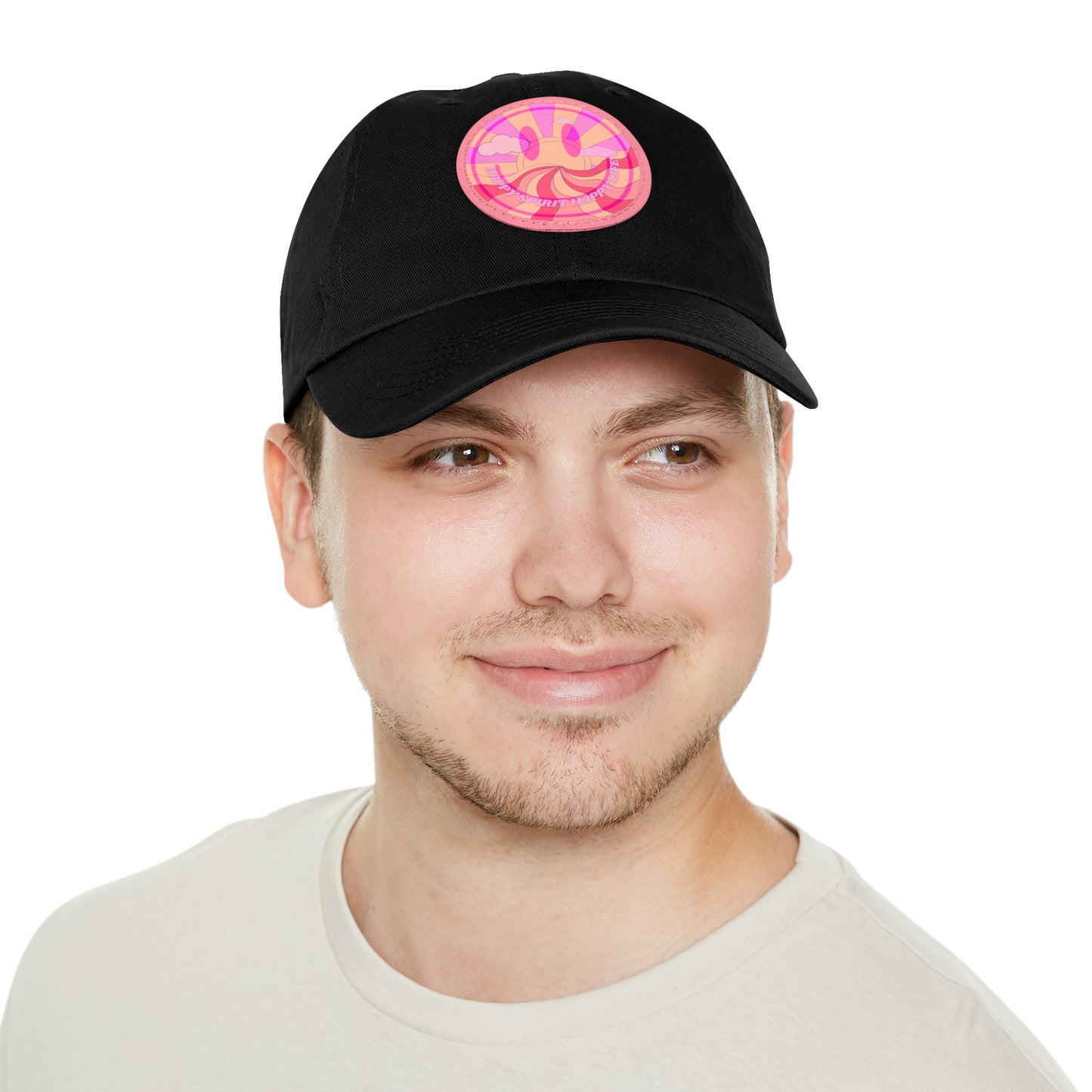 Aesthetic Pink Smile Hat, Pink Twill Dad Hat with Leather Patch (Round), Pink Golf Hat, Pink Twill Cap, Pink Cotton Hat, Pink Baseball Hat