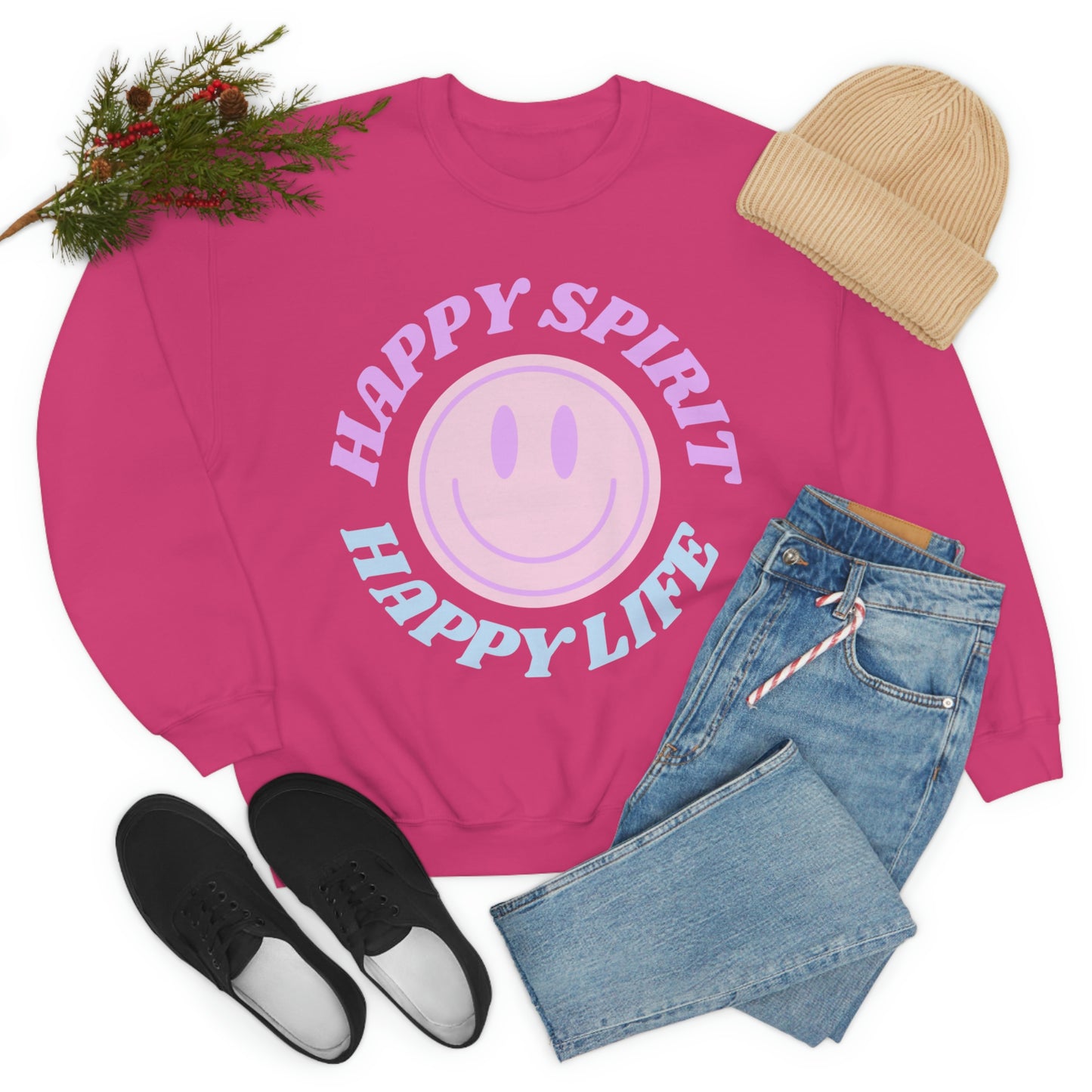 Happy Spirit Happy Life Sweatshirt, VSCO Girl Crewneck, Oversized Retro Font Graphic Tumblr, Front Print Smile Face Trendy Cover Up