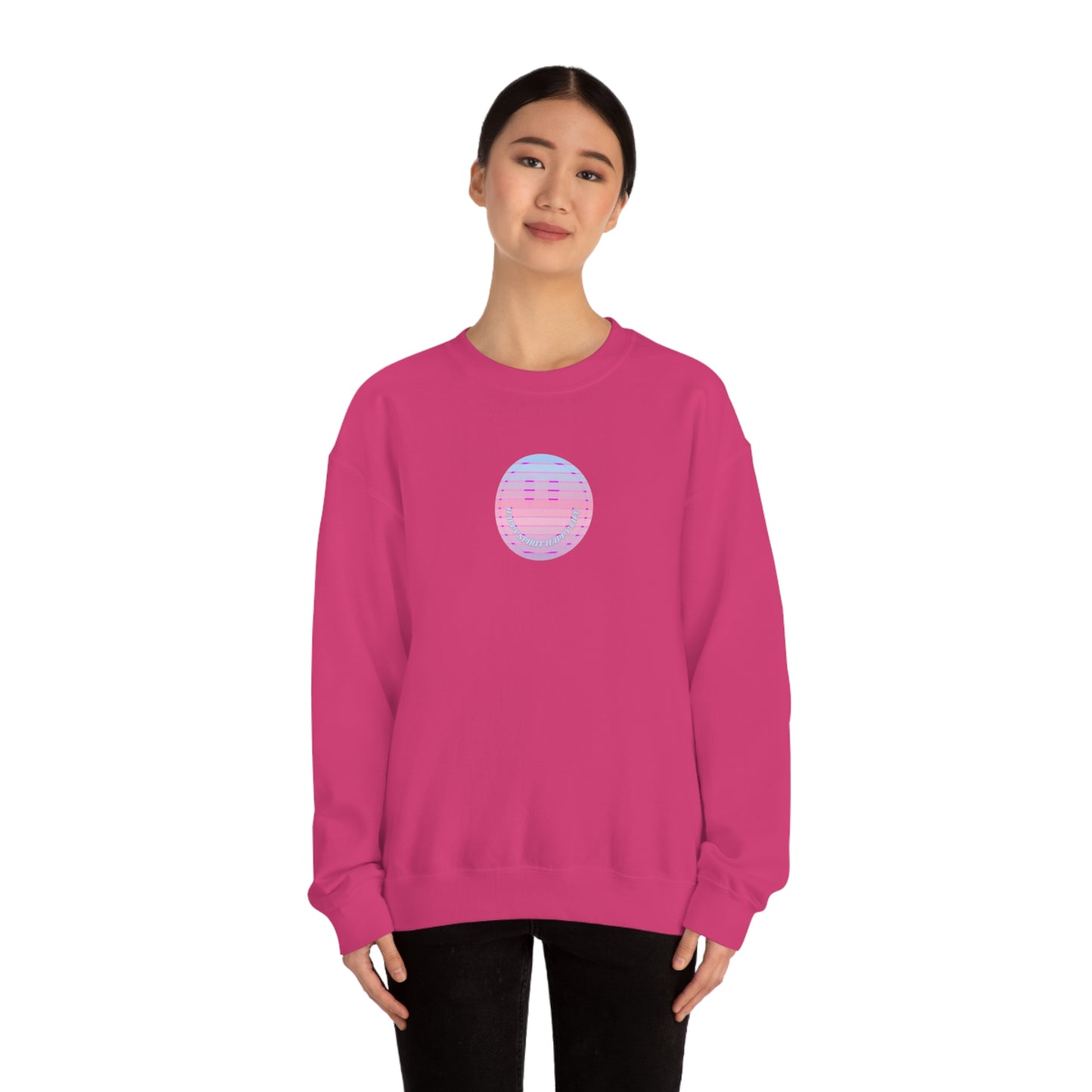 Happy Spirit Happy Life Sweatshirt, VSCO Girl Crewneck, Oversized Retro Font Graphic Tumblr, Front Print Smile Face Trendy Cover Up