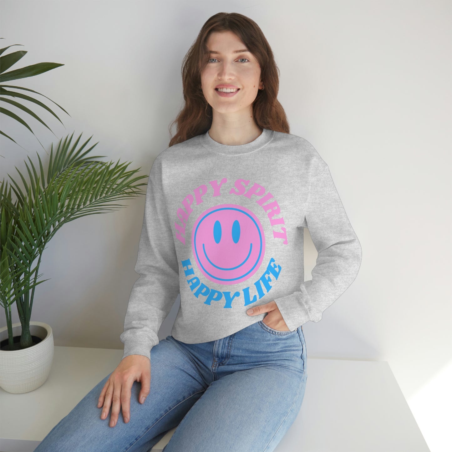 Happy Spirit Happy Life Sweatshirt, VSCO Girl Crewneck, Oversized Retro Font Graphic Tumblr, Front Print Smile Face Trendy Cover Up