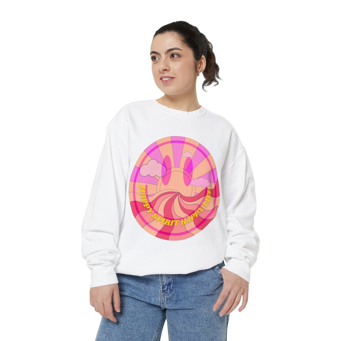 Aesthetic Smile Hoodie, Smile Face Comfort Colors Crewneck, Happy Spirit Happy Life Sunset Smile Sweatshirt, Unisex Garment-Dyed Sweatshirt