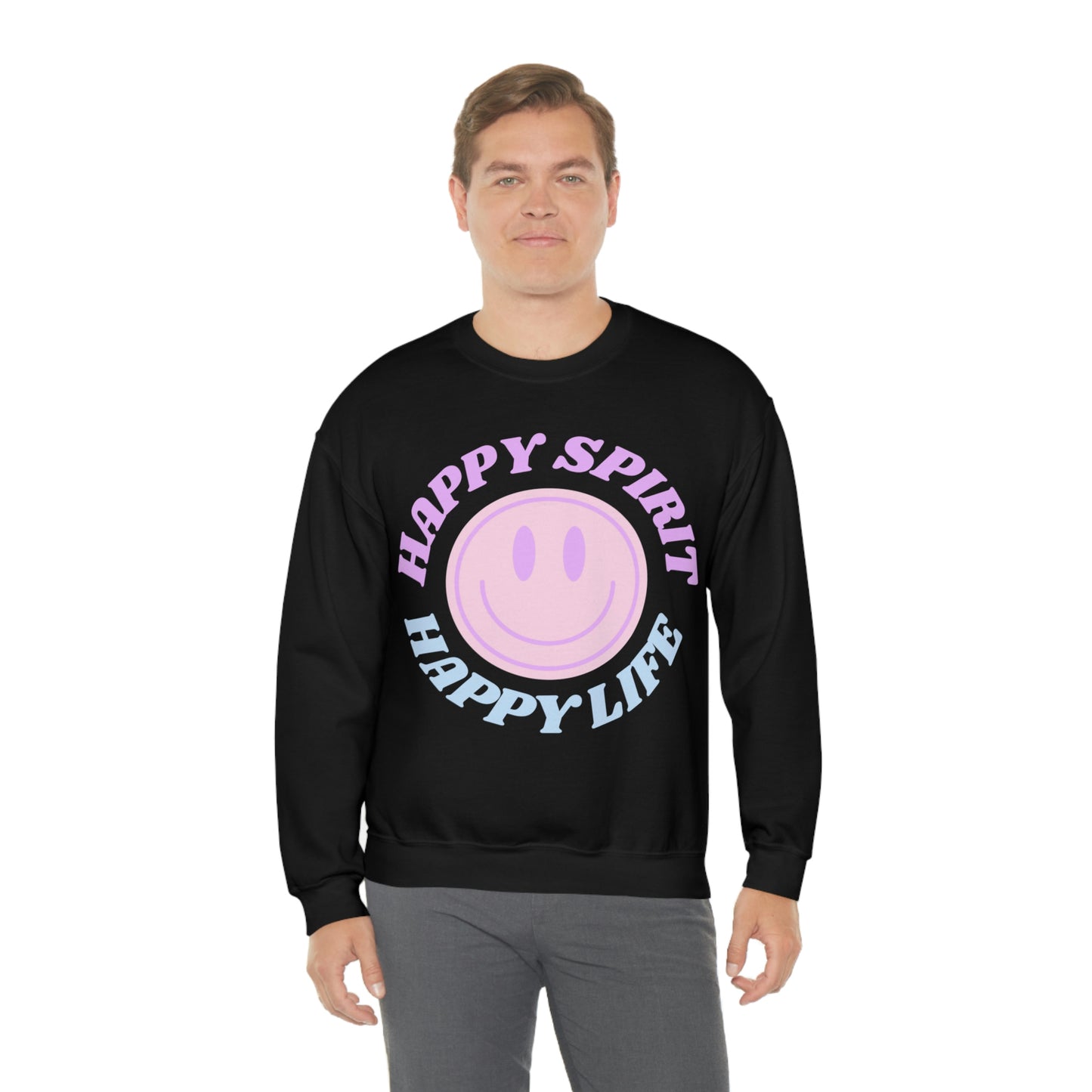 Happy Spirit Happy Life Sweatshirt, VSCO Girl Crewneck, Oversized Retro Font Graphic Tumblr, Front Print Smile Face Trendy Cover Up